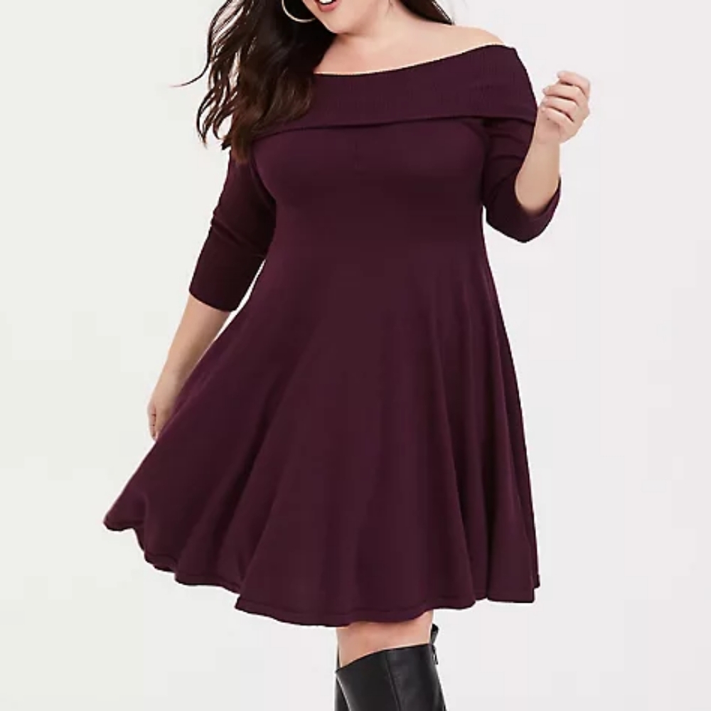 Wine Off Shoulder Sweater Dress
